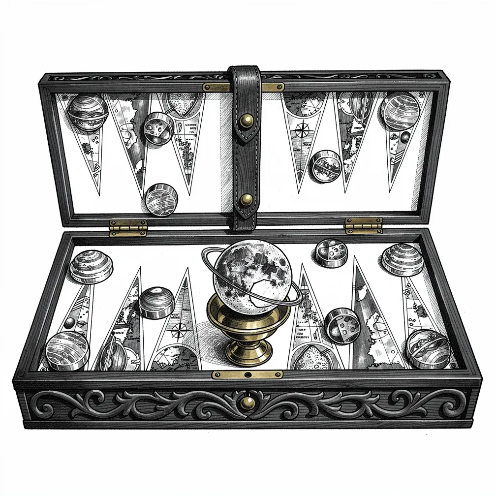 An illustrative ebony backgammon board opened like a reliquary, with mother-of-pearl points, brass hardware, and planet checkers including a cratered moon lifted on a cup.