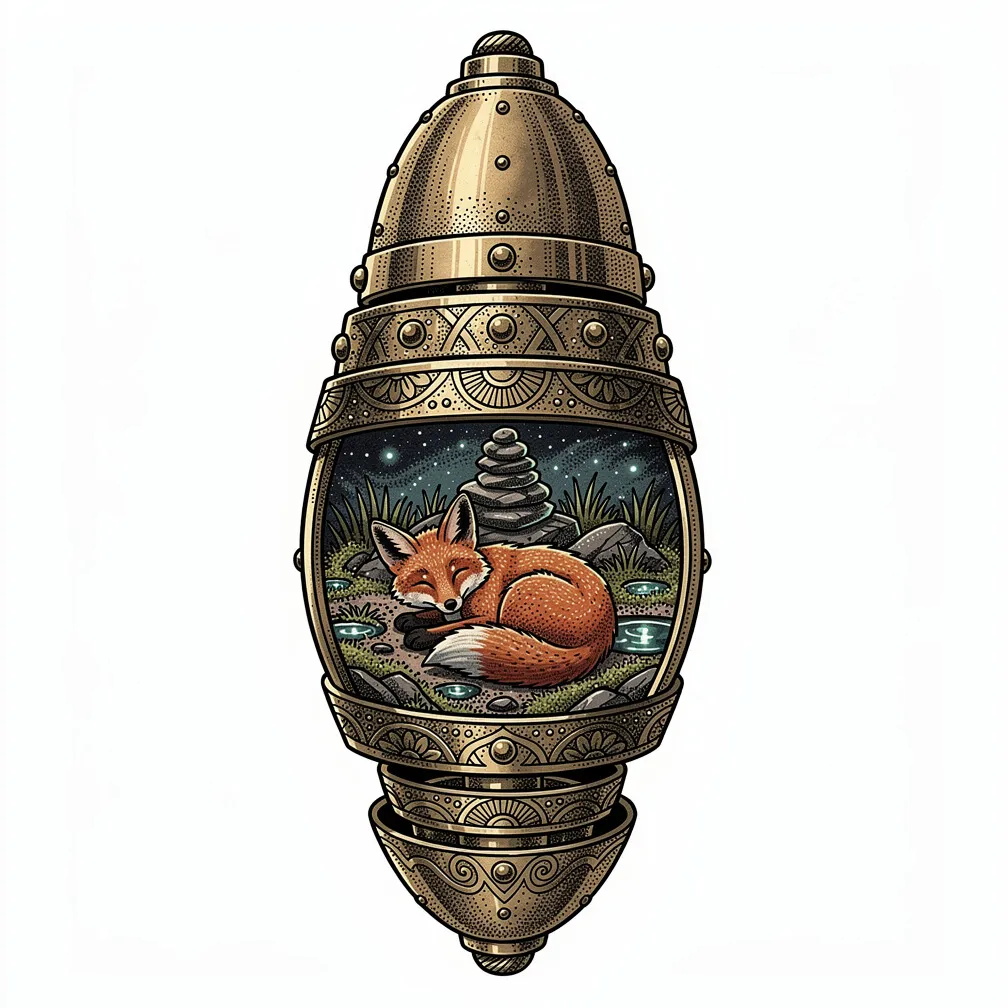 A dotwork design of a gyroscopic brass seedpod opening into concentric engraved rings that reveal a bioluminescent alpine meadow with a curled sleeping fox and tiny cairn.