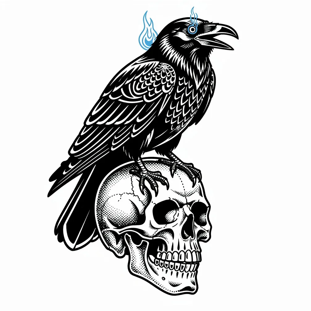 A blackwork raven perched on a human skull, with finely detailed feathers and one eye glowing with an ethereal blue flame.