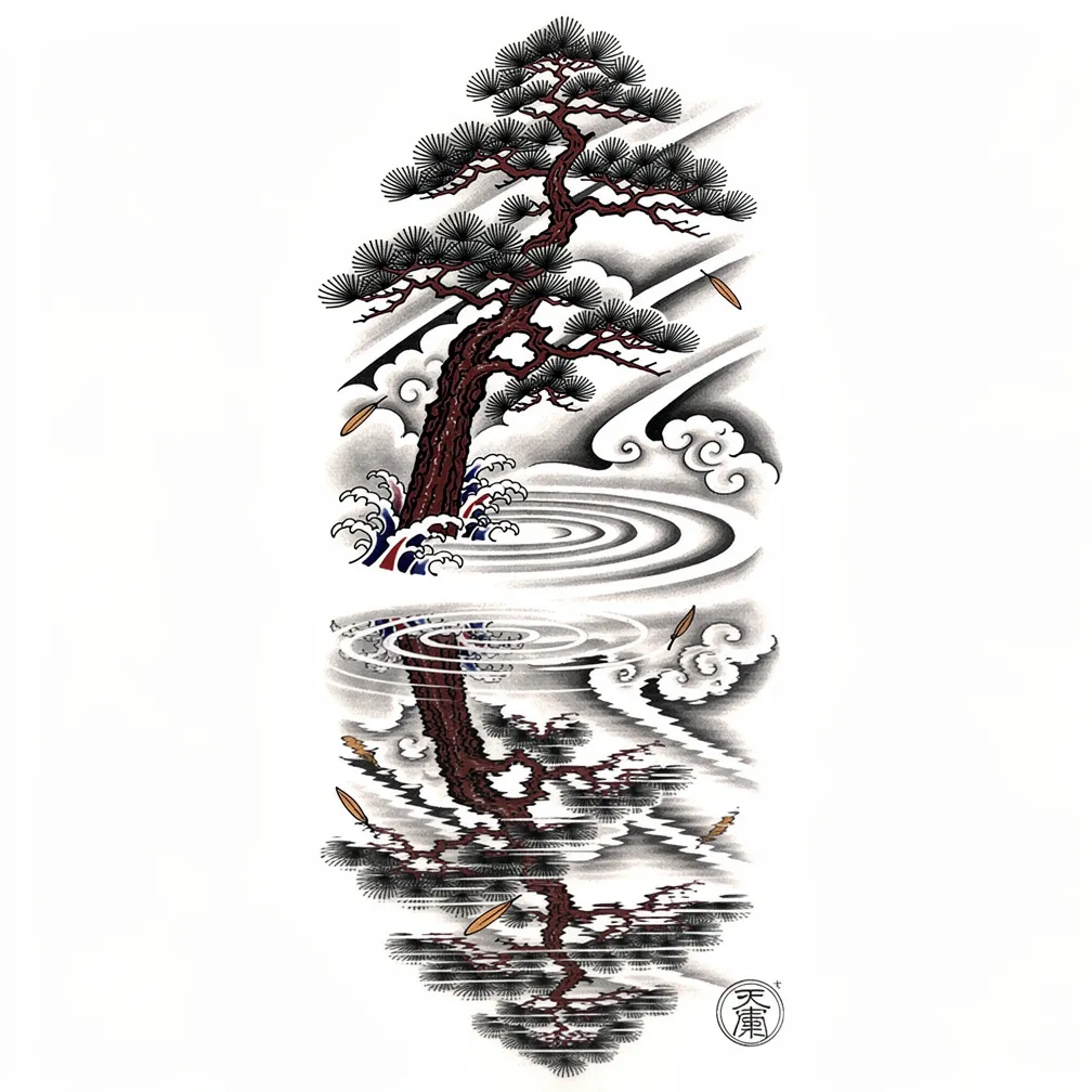 A Japanese-style ink-wash scene of tall pine trees along a bank mirrored in perfectly still water, with delicate linework and soft tonal washes.