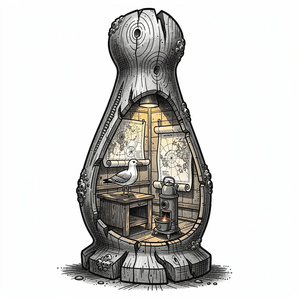 An illustrative driftwood chess pawn with barnacle flecks, hollowed like a lantern to show a lamp-lit lighthouse-keeper’s study with charts, kettle, and paper seagull.