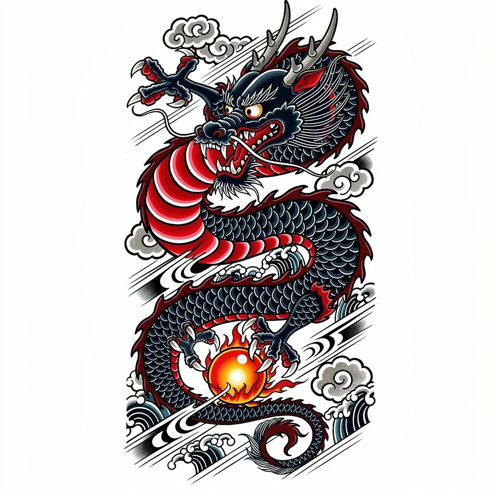A Japanese-style Chinese dragon spiraling through clouds with long whiskers and claws clutching a flaming pearl in bold flowing colors