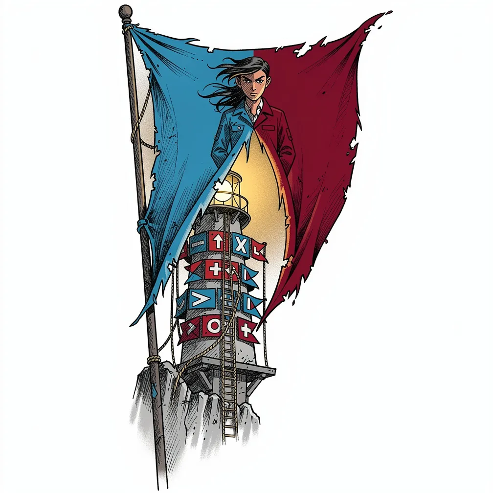 An illustrative, weathered semaphore flag with frayed canvas peels back to reveal a lamp-lit lighthouse built from signal pennants and rope ladders, with a watchful operator on the mast.