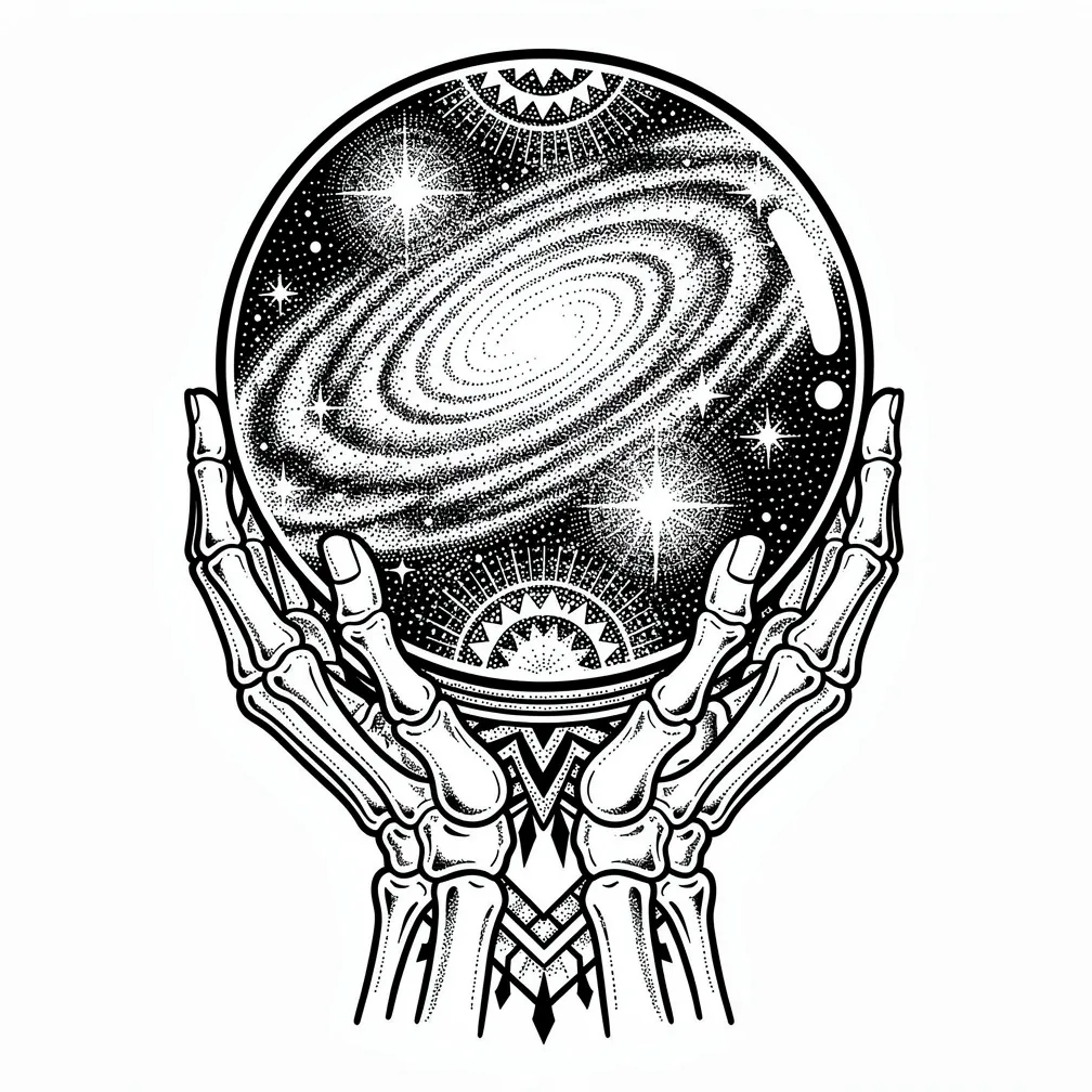 A dotwork crystal ball cradled by skeletal hands, with a swirling miniature galaxy of nebulae and stars inside.