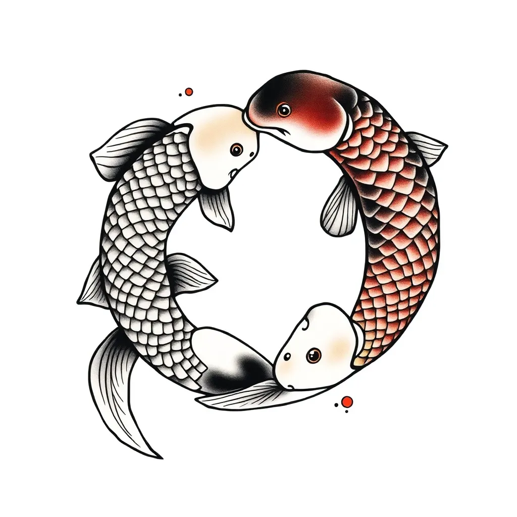 Two koi fish, one dark and one light, forming a yin-yang circle in a Japanese style with flowing fins and wave accents