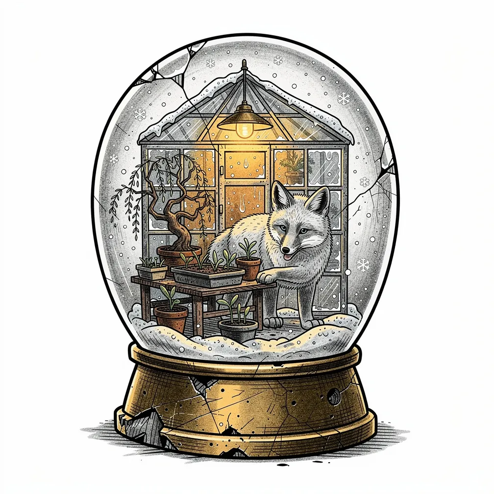 An illustrative cracked snow-globe with a dented brass base holding a lamp-lit arctic greenhouse, willow bonsai, and a polar fox tending seedlings amid glowing snowflakes.