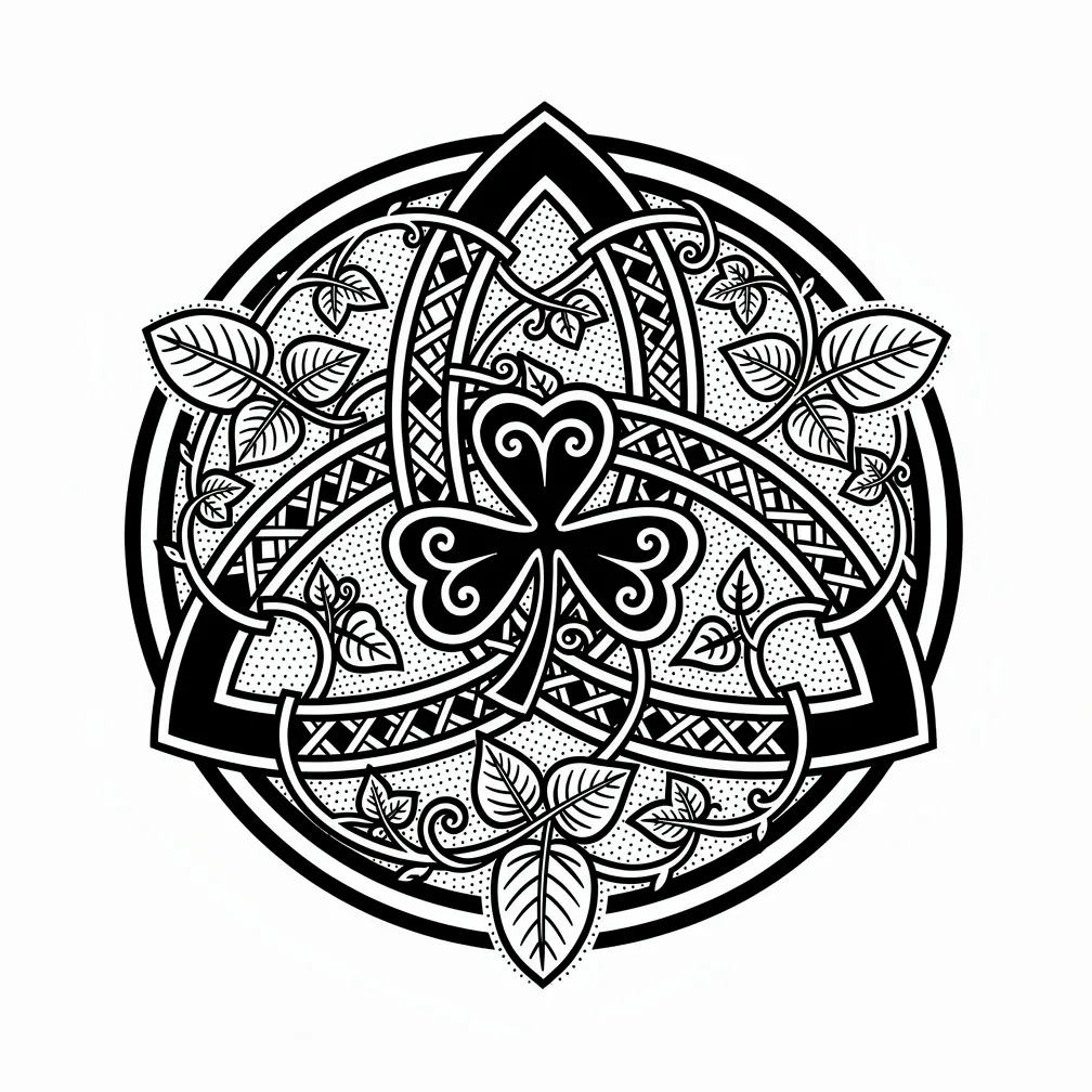 A blackwork Celtic trinity knot interwoven with shamrocks and ivy vines, rendered in precise, woven knotwork strands.