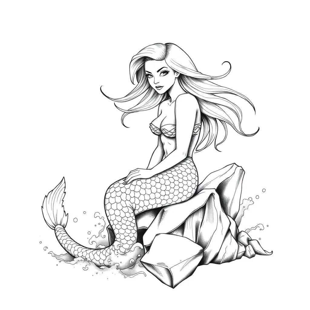 An illustrative siren perched on sea rocks singing to passing ships as her fish tail dissolves into crashing ocean waves