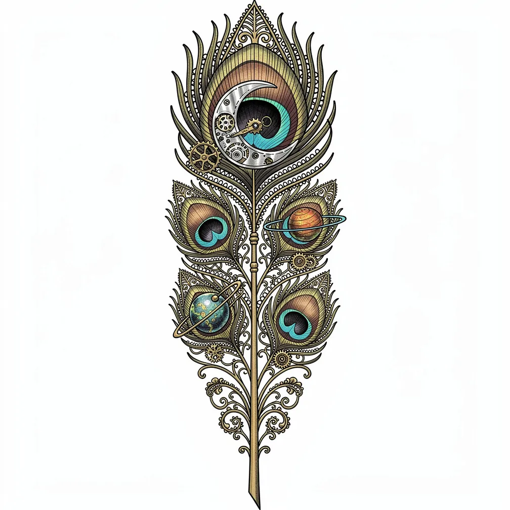 An ornamental peacock feather made of filigreed brass and inked plumage, with stained-glass planetary eyes and a silver clockwork crescent moon at the center.