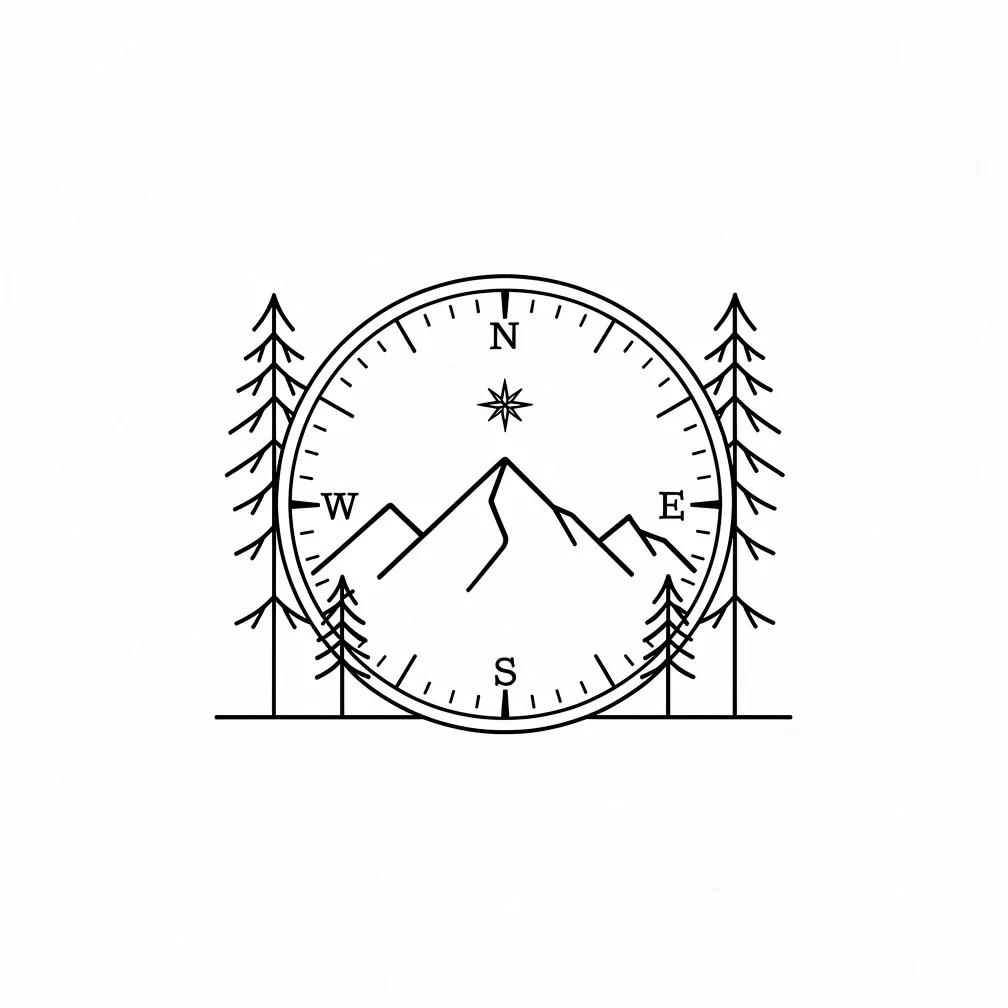 A minimalist fine-line compass containing a mountain, needle pointing north to a guiding star, with pine trees framing both sides.