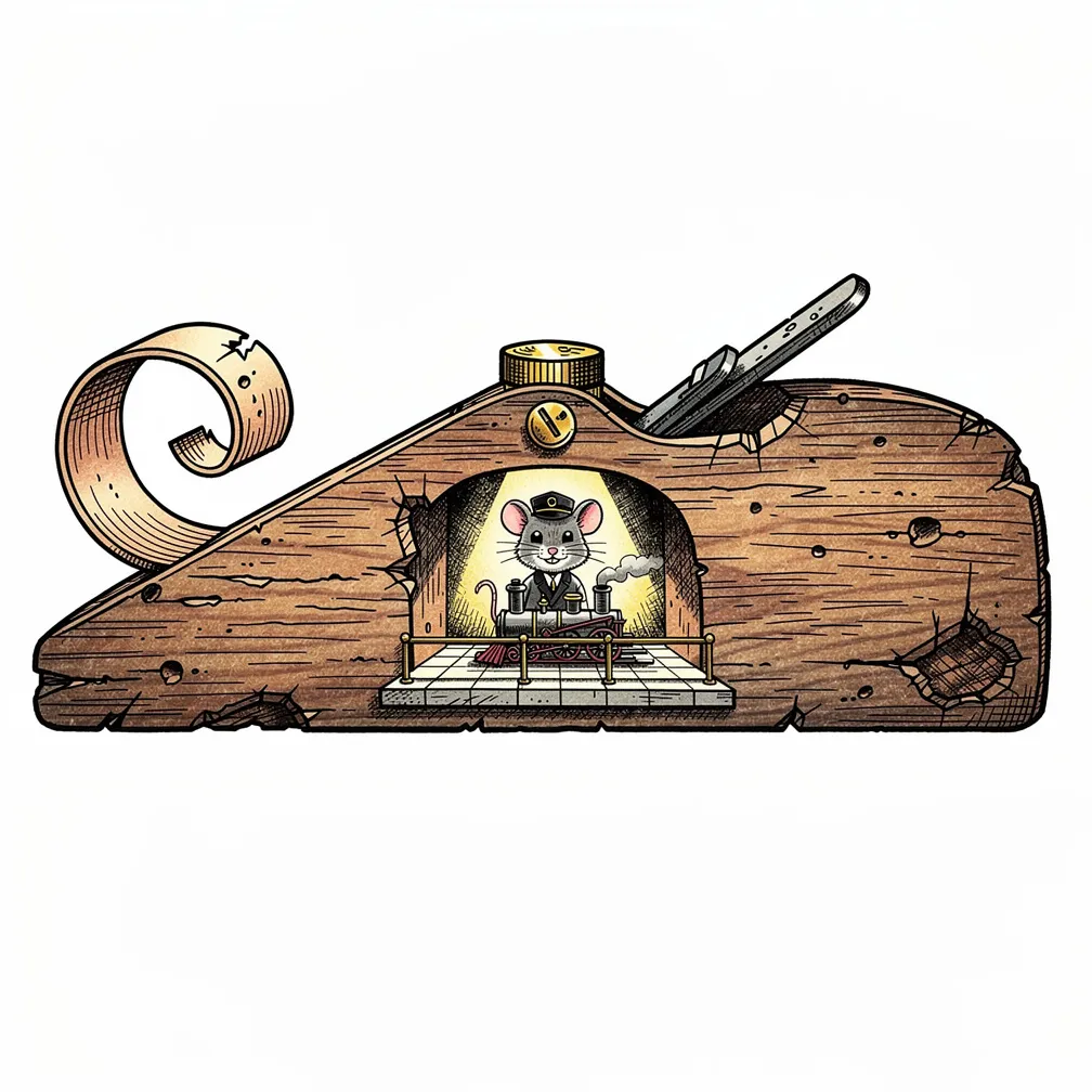 An illustrative worn wooden carpenter’s plane opens like a portal to a lamp-lit tiled platform with a tiny steam engine on brass rails and a mouse conductor.