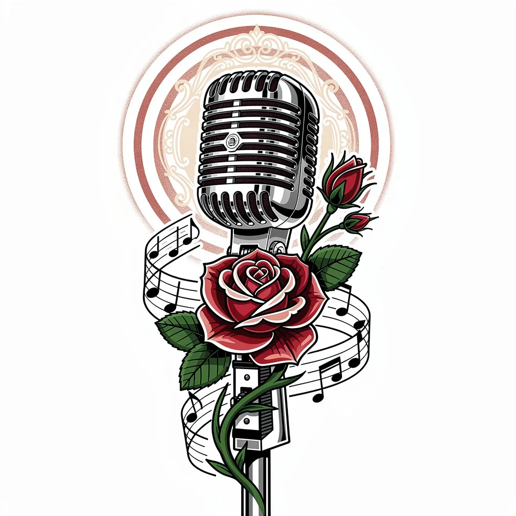 A neo-traditional vintage microphone wrapped in roses and music notes, with concentric sound-wave rings radiating outward.