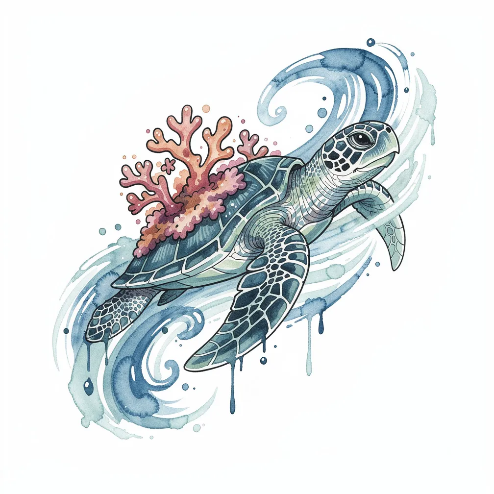 A watercolor sea turtle glides through swirling currents, its shell covered in coral reef growth with tropical fish swimming alongside.
