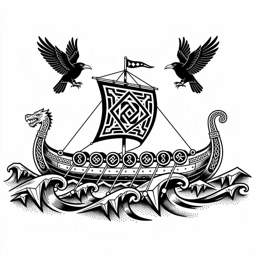 A blackwork Norse longship cuts through icy waves as Odin’s ravens fly overhead, with runic inscriptions carved along the hull.
