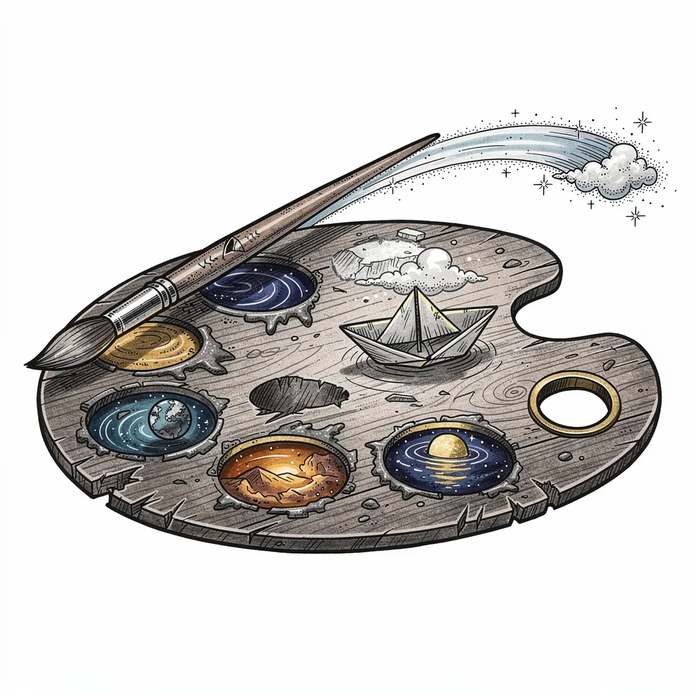 An illustrative weathered painter’s palette with planetary paint wells and tiny paper sloops, crossed by a comet-like brush trailing stardust and a ribbon of sky.