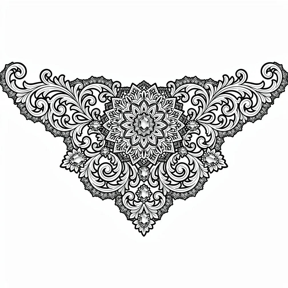 A symmetrical ornamental chest piece with floral filigree, lace-like borders, and small jewel accents in an elegant ornamental style.