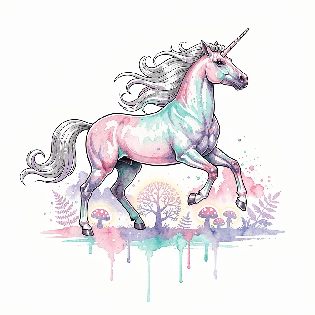 A watercolor unicorn gallops through an enchanted forest, liquid-silver mane flowing as glowing mushrooms shine beneath its hooves.
