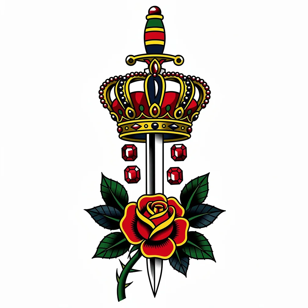 A traditional tattoo of a dagger piercing a crown, with blood drops turning into rubies and thorny rose stems framing the scene.