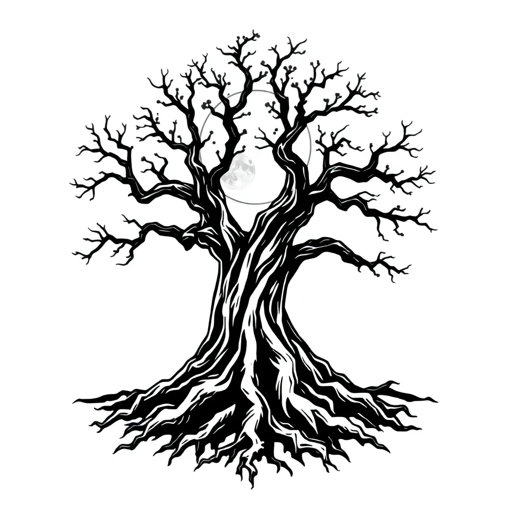 A blackwork depiction of an ancient gnarled oak with exposed deep roots and a full moon glowing through twisted branches