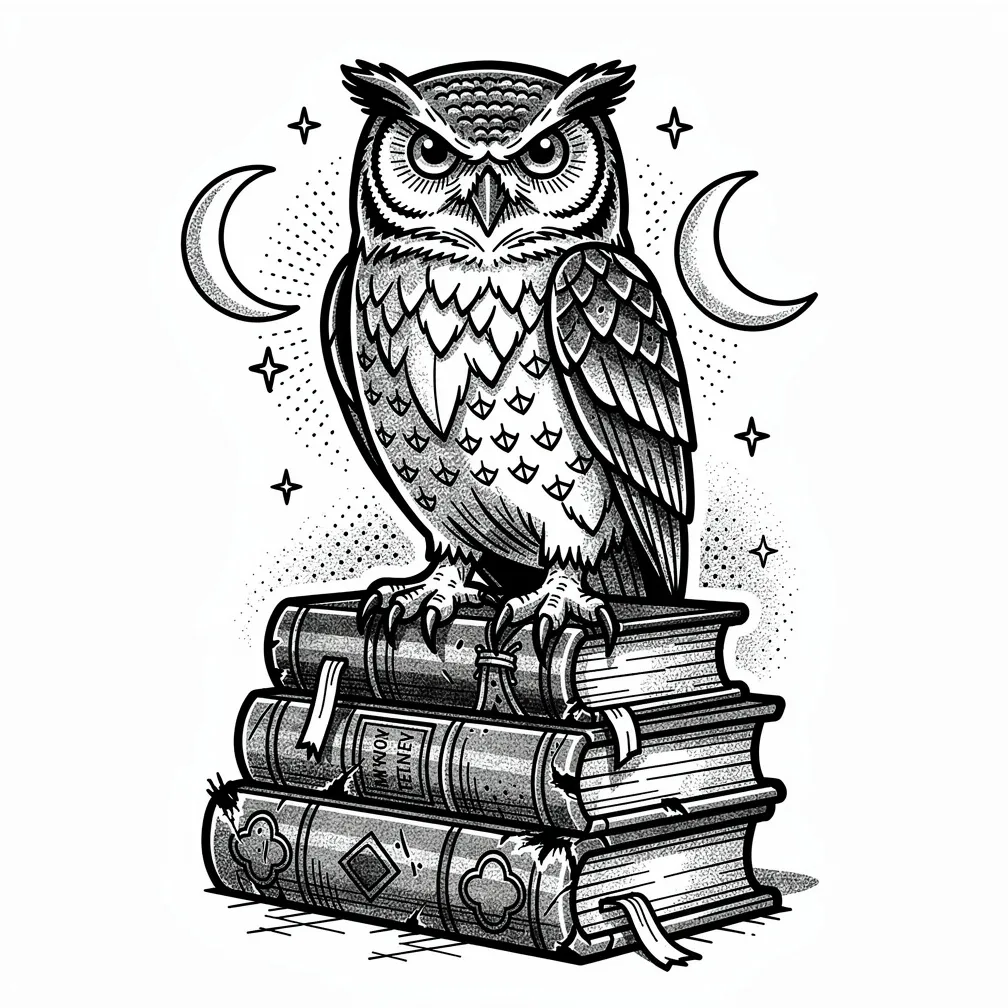 An illustrative wise old owl perched on a stack of leather-bound books, framed by floating stars and crescent moons.