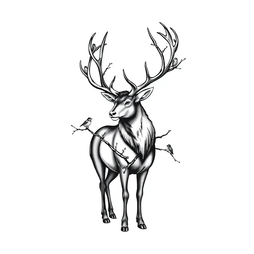 A blackwork majestic stag with elaborate antlers formed from intertwining tree branches with small birds nesting among the branches.