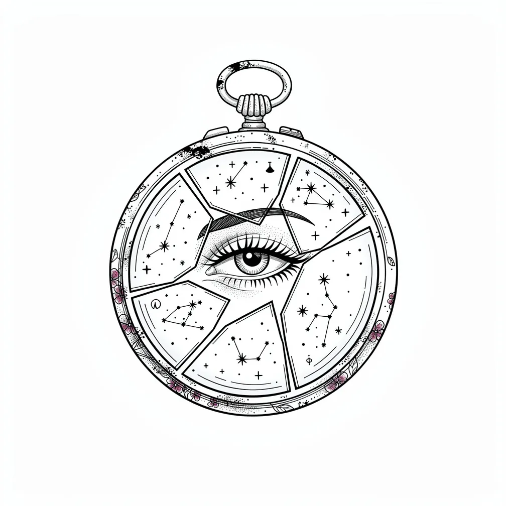 A fine-line vintage pocket mirror with a scuffed rim, cracked into shards filled with tiny constellation maps, and a central shard showing a serene closed eye.