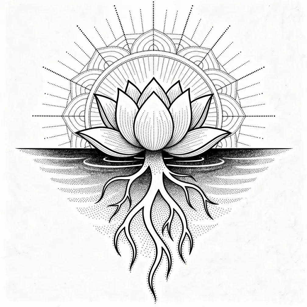 A dotwork lotus rises from dark water with visible roots below the surface and radiant enlightenment rays streaming above.