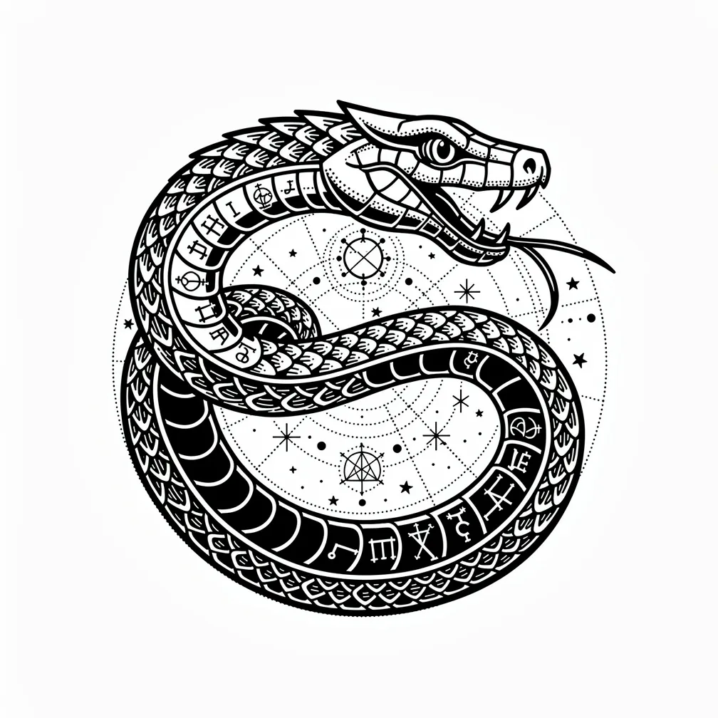 A blackwork ouroboros serpent biting its tail, with its body filled with alchemical symbols and celestial diagram details.
