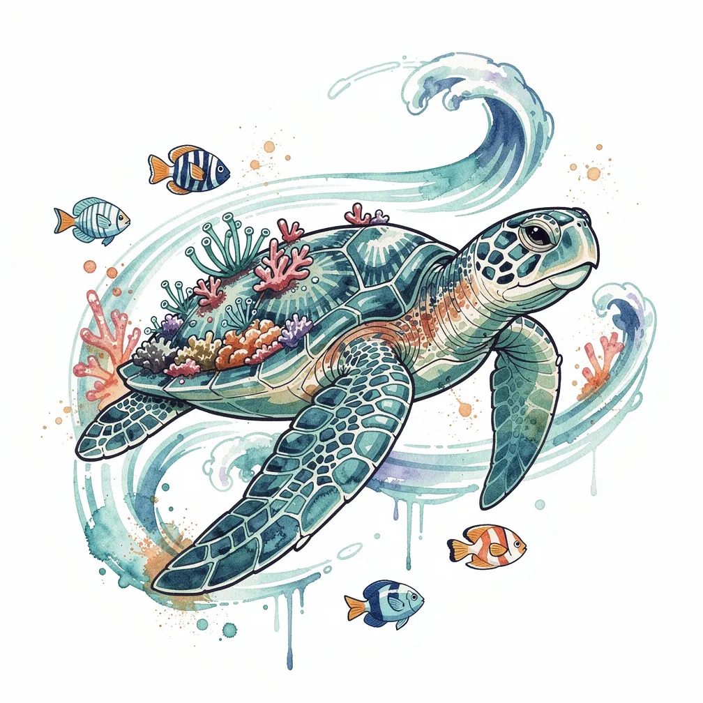 A watercolor sea turtle glides through flowing ocean currents with coral reef growth on its shell and tropical fish swimming alongside.