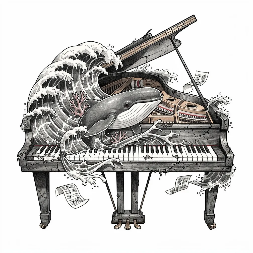An illustrative weathered grand piano with its raised lid as a churning ocean, waves on the keys, and a breaching whale amid coral-like hammers and seafoam sheet music.