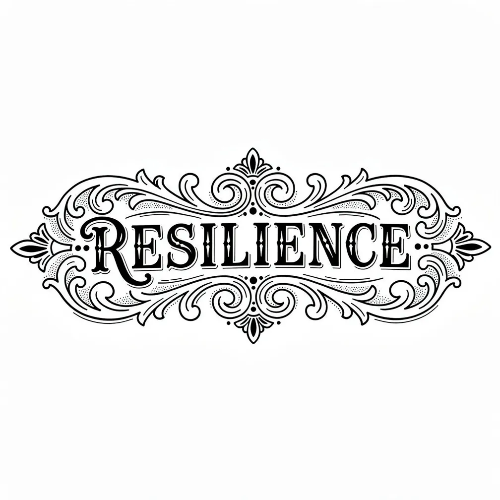 Ornate Victorian-style lettering spelling “RESILIENCE,” with decorative flourishes and filigree in black and grey.