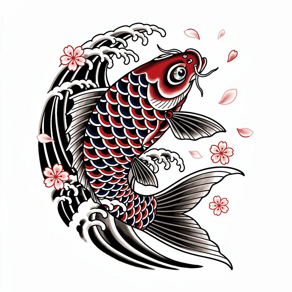 A Japanese irezumi-style koi fish swimming upstream through crashing waves with drifting cherry blossom petals.