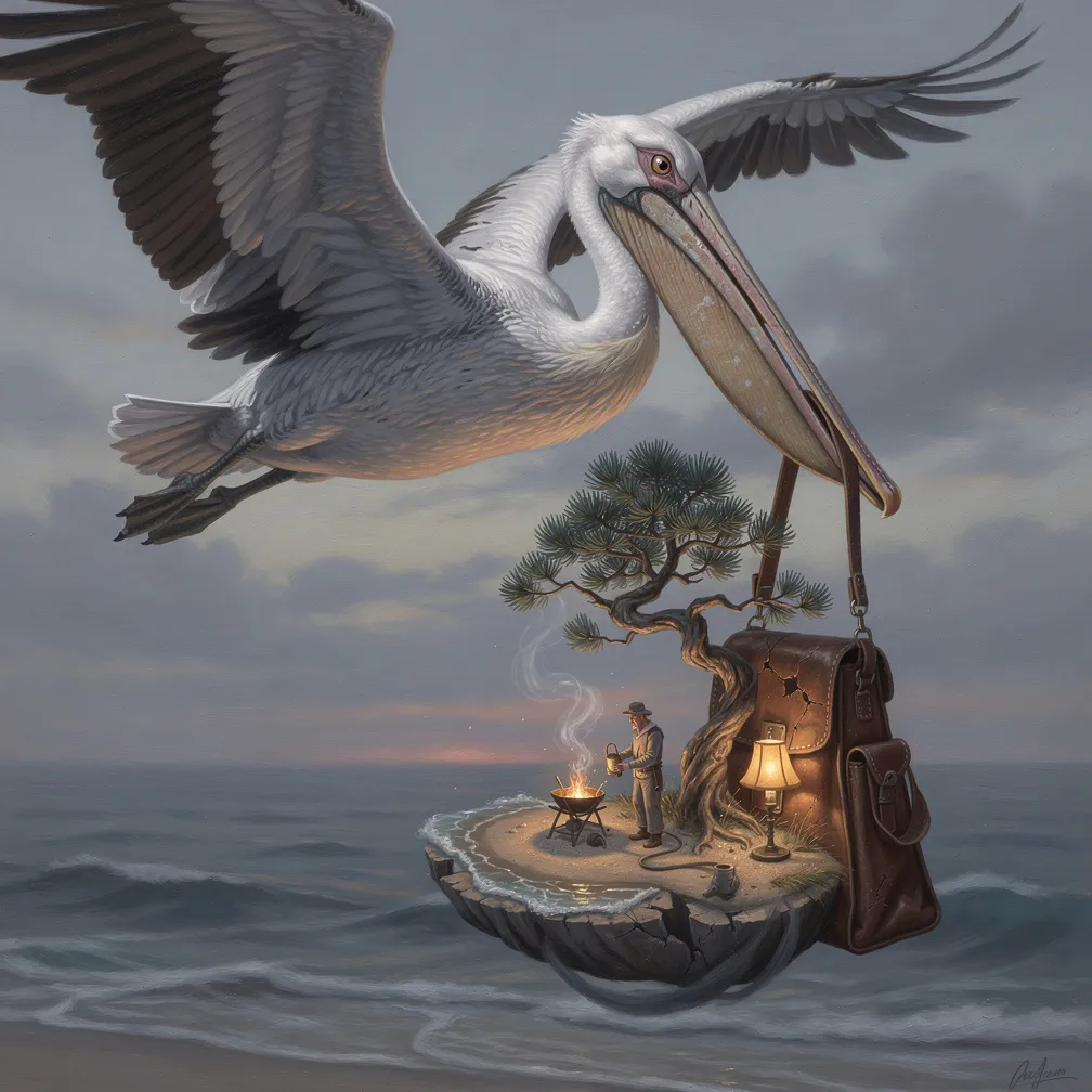 An illustrative pelican glides with a leather satchel in its beak, the open flap revealing a lamp-lit tiny tidal islet with a pine and lantern-keeper.