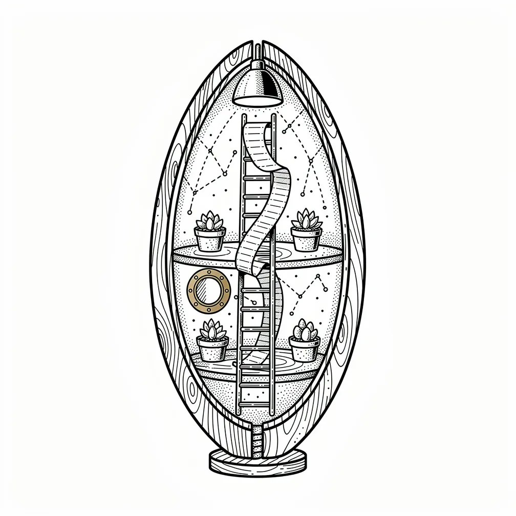 A fine-line darning egg split open like a seedpod, revealing a lamp-lit miniature lunar greenhouse with tiny glowing succulents, constellation stitching, a paper ladder, and a brass porthole.
