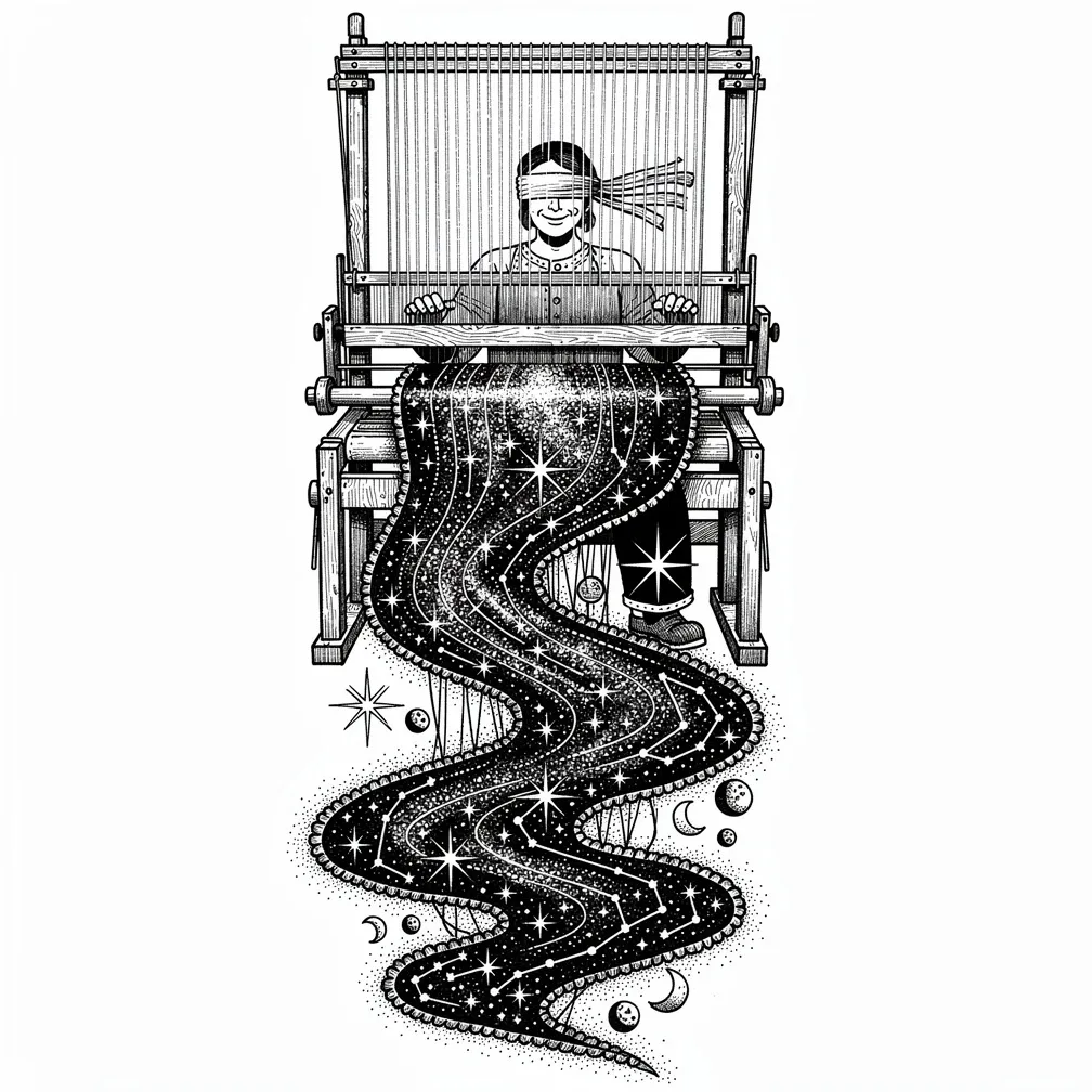 Ilustrativní, se zavázanýma očima tkalec u vysokého tkalcovského stavu vtahuje třpytivé nitě hvězdného světla do kosmické tapiserie se souhvězdími, říčně plynoucí výšivkou a měsíci jako korálky.