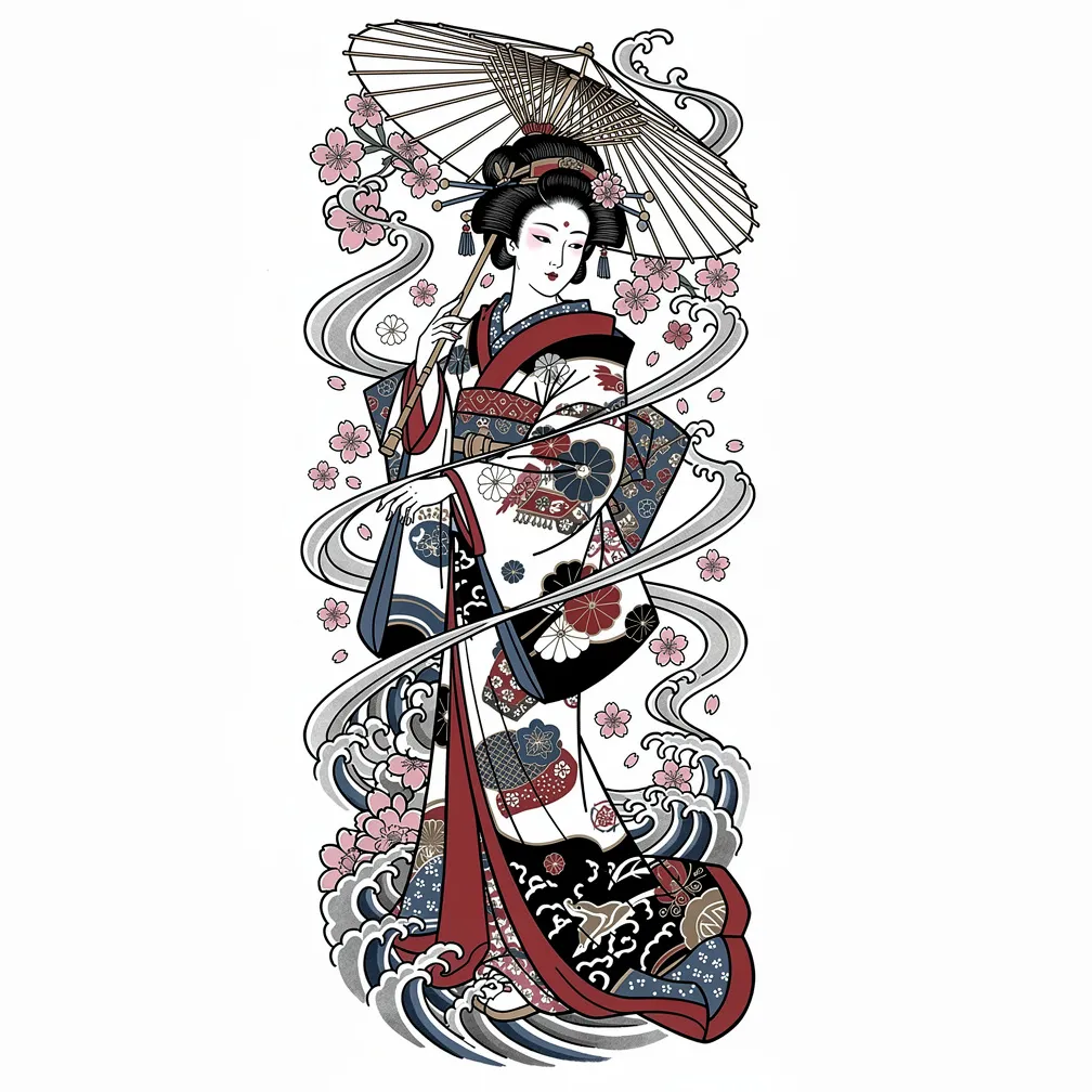 A Japanese irezumi-style geisha in an ornate kimono holds a parasol as wind lifts the silk and cherry blossoms swirl around her.