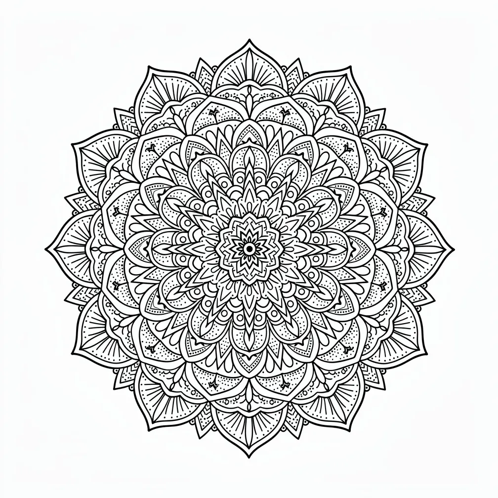 An intricate dotwork mandala with perfectly symmetrical concentric rings of geometric petals radiating outward.