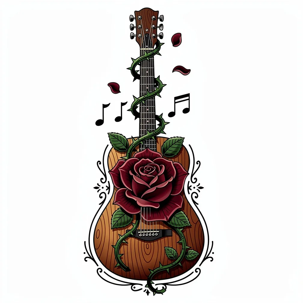 A neo-traditional acoustic guitar with roses blooming from the sound hole, vines wrapping the neck, and petals falling like musical notes.