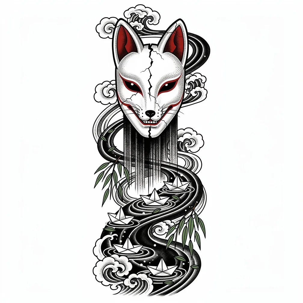 A Japanese-style cracked porcelain kitsune mask with vermilion accents, a hairline fissure pouring an ink river that carries tiny paper boats and drifting willow leaves.