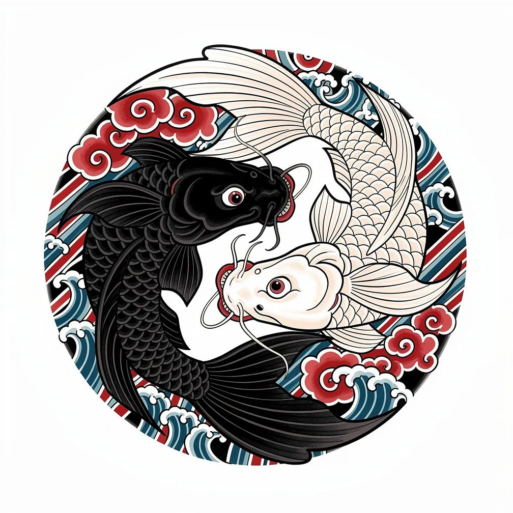 A Japanese-style yin-yang formed by two koi fish, one dark and one light, circling endlessly with flowing fins.