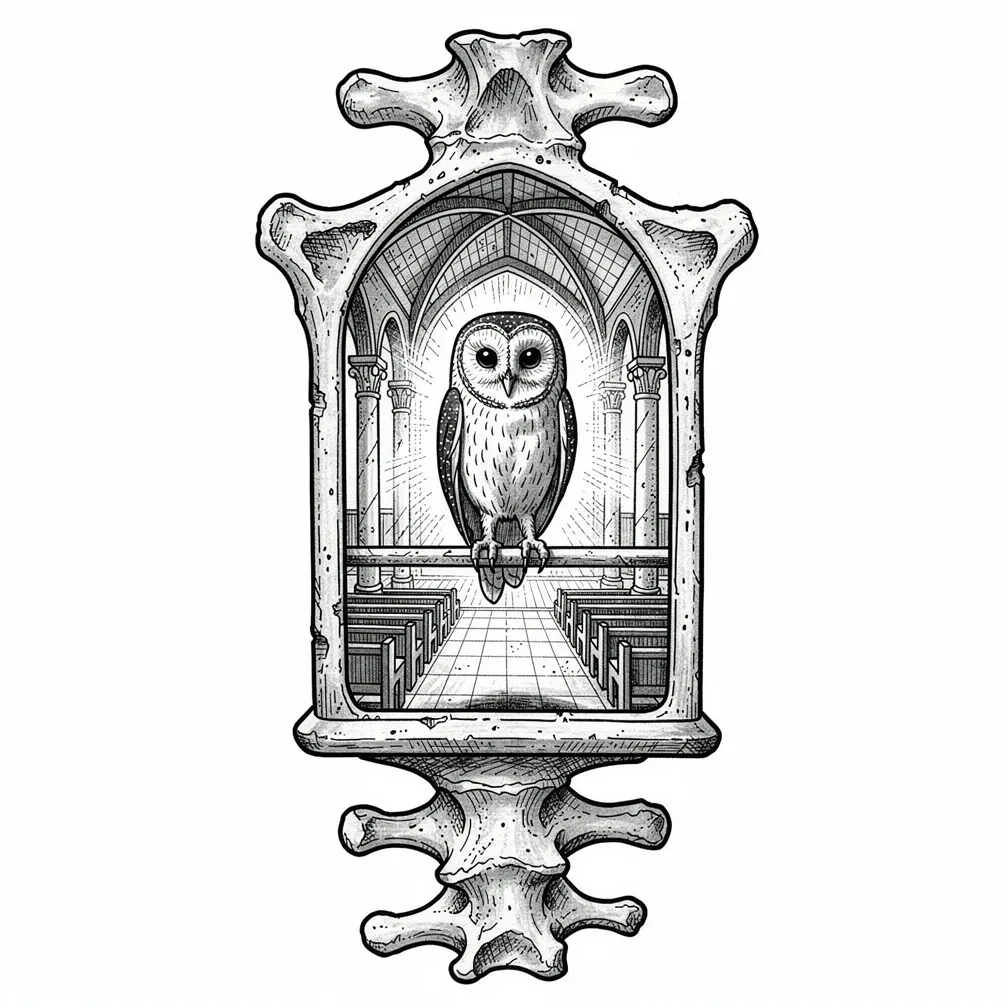 An illustrative hollow lumbar vertebra as a lantern chapel with pews and stained-bone columns, softly lit from within, with a solemn barn owl perched in the archway.