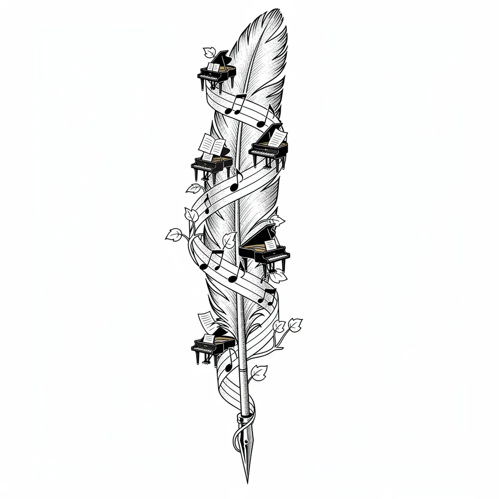 A fine-line antique quill draws a flowing music staff where tiny bonsai grand pianos and an ivy treble clef grow along the lines.