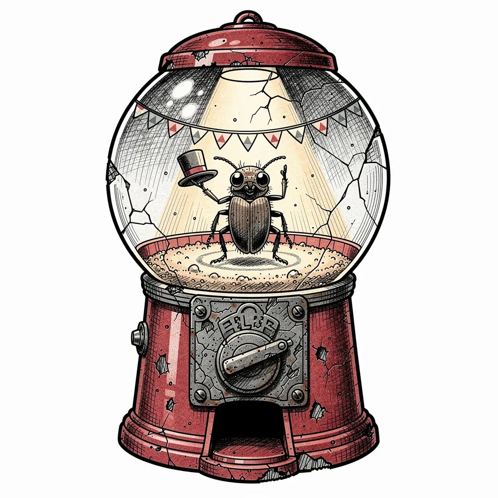 An illustrative vintage red gumball machine with a cracked glass globe revealing a lamp-lit miniature insect circus and a beetle ringmaster tipping a top hat.