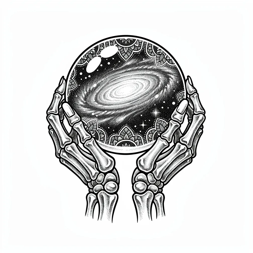 A dotwork crystal ball held by skeletal hands, containing a swirling miniature galaxy of nebulae and stars.