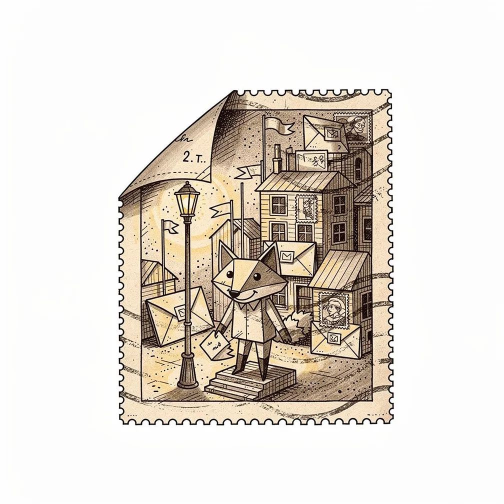An illustrative sepia vintage stamp peels back to reveal a lamp-lit origami paper city made of letters and stamps, with a folded-ink fox mail carrier on a stoop.