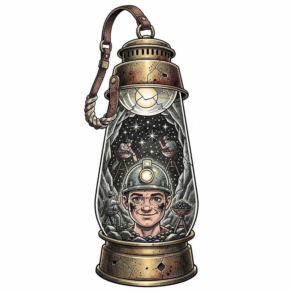 An illustrative dented miner’s lamp with a cracked lens split open to reveal a lamp-lit underground starfield where tiny miners stoke glowing coal constellations.