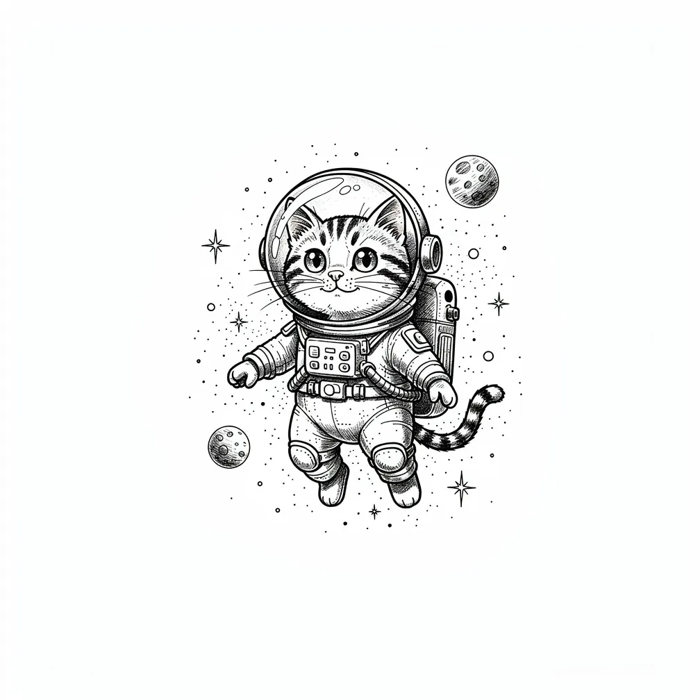 A playful illustrative tattoo of a tiny cat astronaut floating in space with a goldfish bowl helmet, surrounded by stars and small planets.