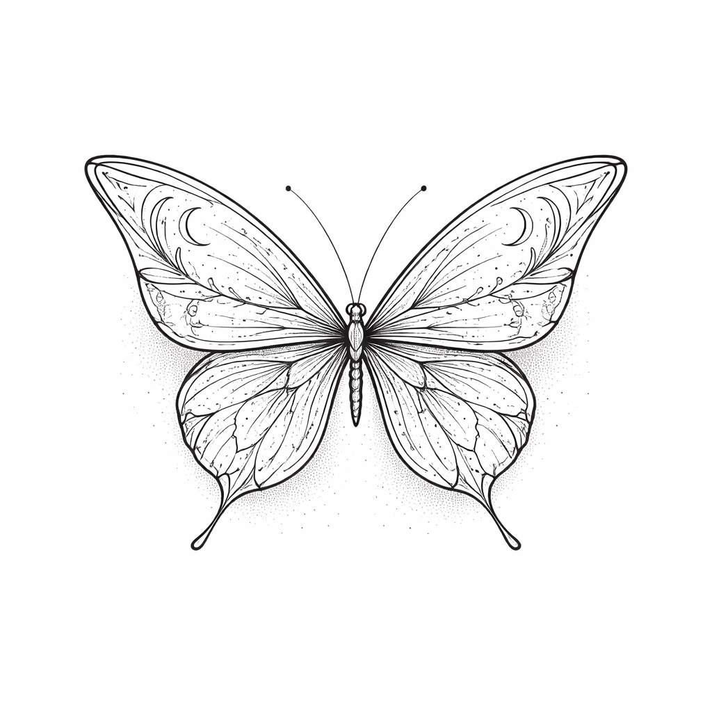 A fine-line sketch butterfly with intricate wing patterns and soft shadowing for subtle depth
