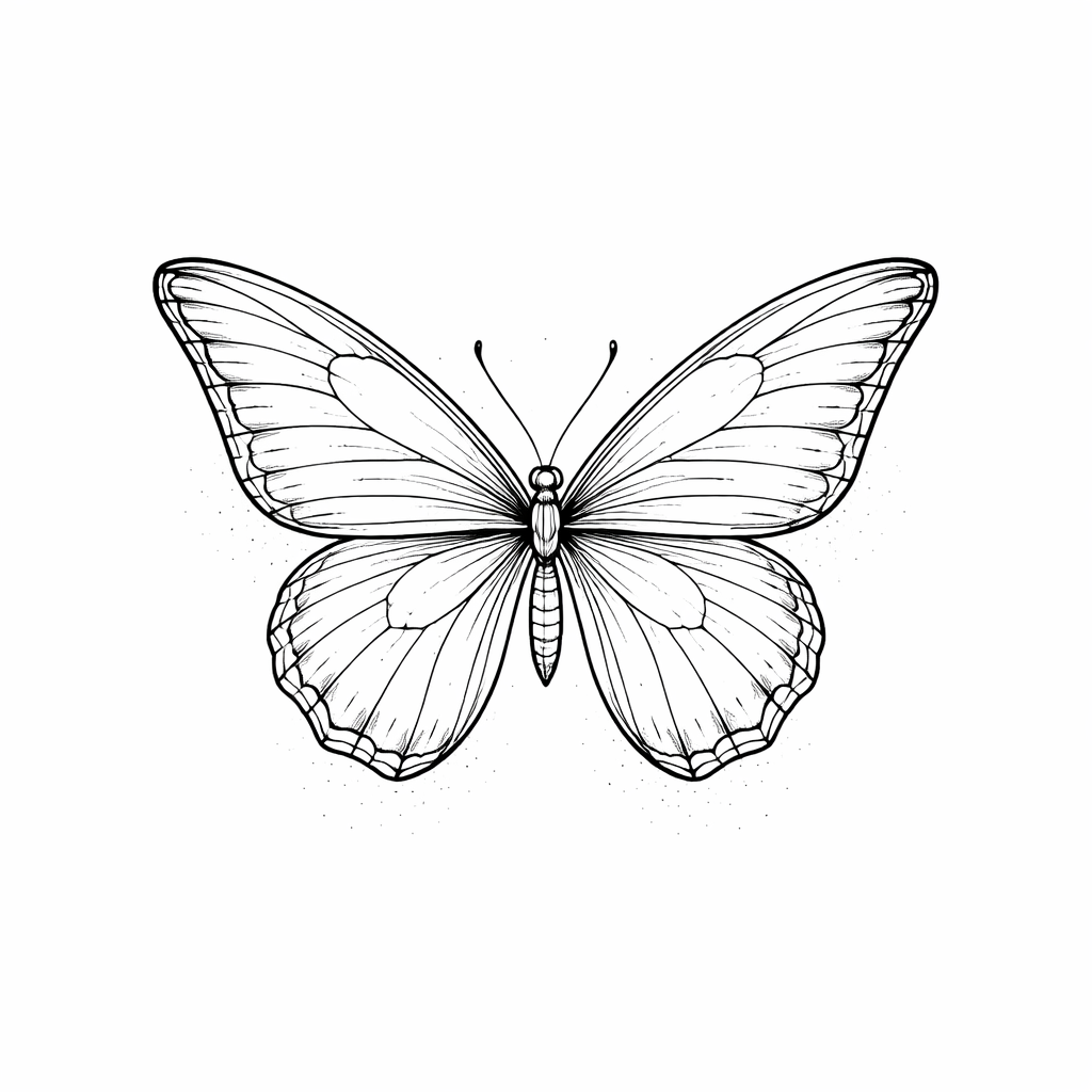 A fine-line sketch of a delicate butterfly with light, detailed linework and subtle wing texture