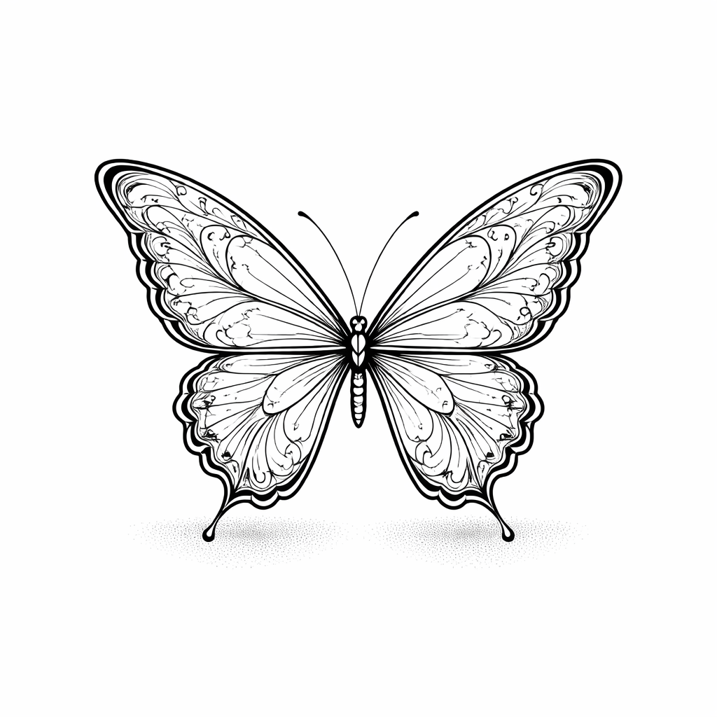 A fine-line sketch butterfly with patterned wings and subtle soft-shadowing under the wings
